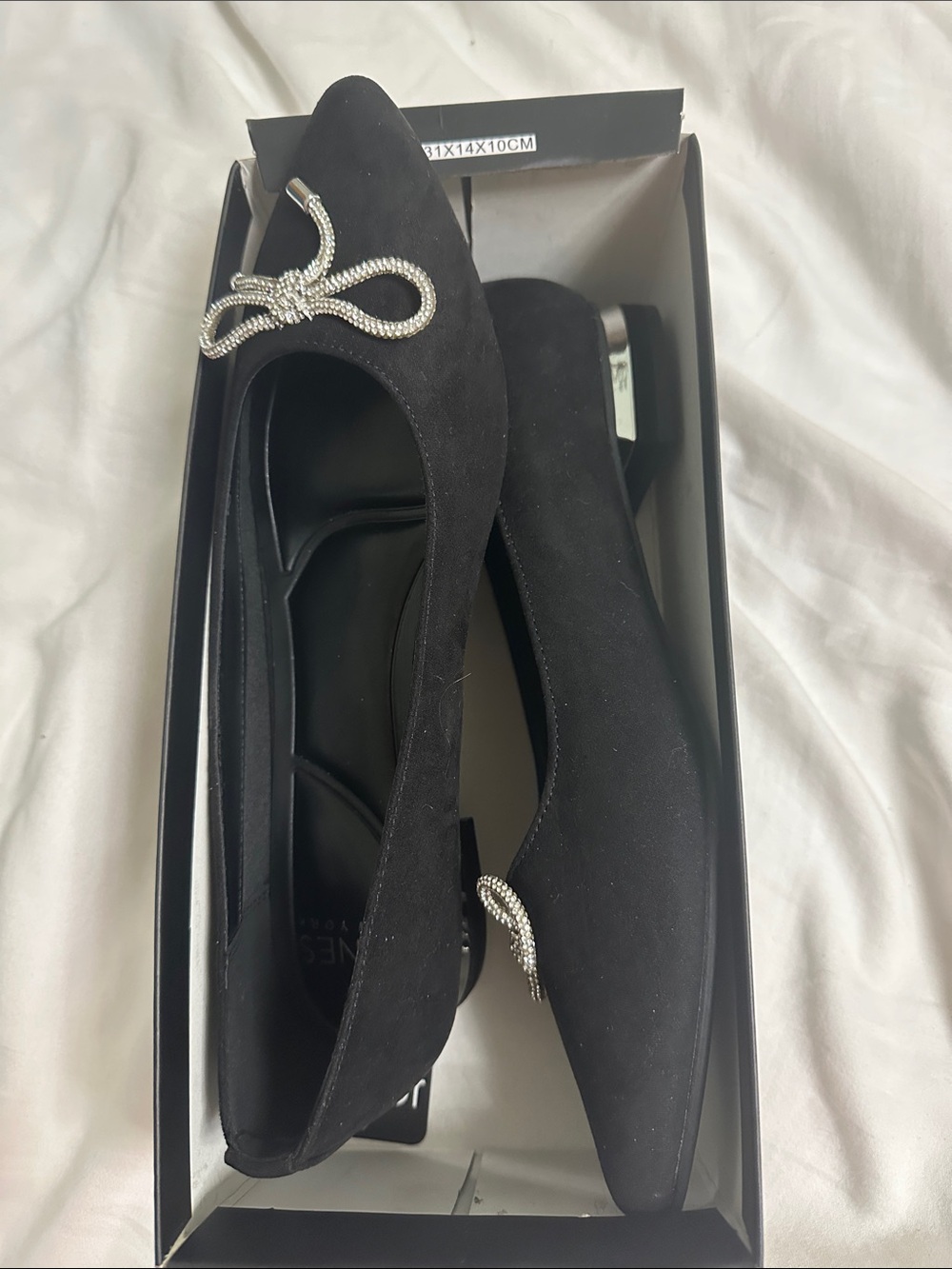 Jones New York Black Suede Pointed Flats with Crystal Bow Accent